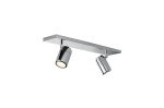 Lampa sufitowa Noemie IP44, 2-punktowa, z chromowaną podstawą. Dwa reflektory w cylindrycznym kształcie, zamocowane na prostokątnej płycie. Reflektory mogą być regulowane, co pozwala na kierowanie światła. Prosta konstrukcja na jednolitym tle.