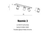 Lampa sufitowa Noemie IP44, 3-punktowa. Chromowana konstrukcja z trzema metalowymi kloszami w matowym wykończeniu. Wymiary: długość 65 cm, wysokość 11,5 cm, szerokość 9 cm. Oferuje nowoczesny design i funkcjonalne oświetlenie.