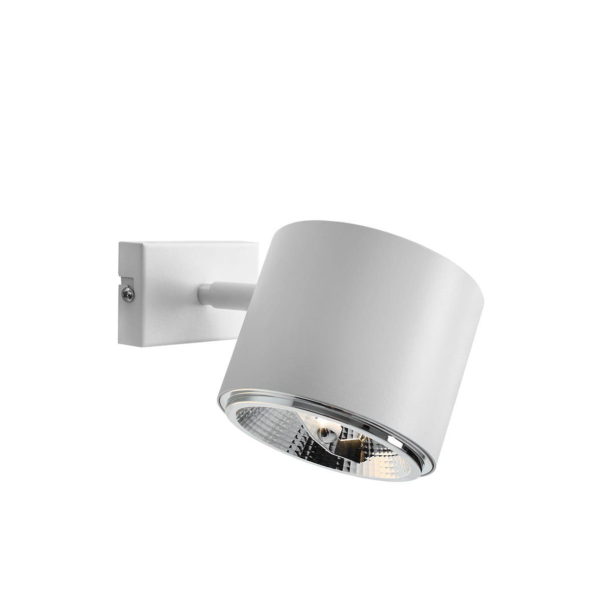 Biały kinkiet 1-punktowy Bot 1046C z okrągłą głowicą, zamocowany na prostokątnej, płaskiej podstawie. Kąt ujęcia z boku, ukazujący detal lampy i jej wykończenie. Idealny do oświetlenia wnętrz.