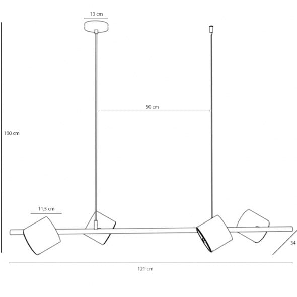 Lampa wisząca Bot 4-punktowa w białym kolorze z prostą konstrukcją. Składa się z poziomej belki o długości 121 cm, na której zawieszone są cztery klosze. Wysokość całkowita 100 cm, z regulacją długości. Klosze mają kształt sześcianów.