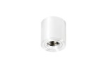 Biała lampa sufitowa Mini Bross 1-punktowa, cylindryczny kształt, metalowa obudowa, widoczna oprawka na żarówkę, montaż sufitowy, frontalny kąt ujęcia, bez widocznych napisów czy zdobień.