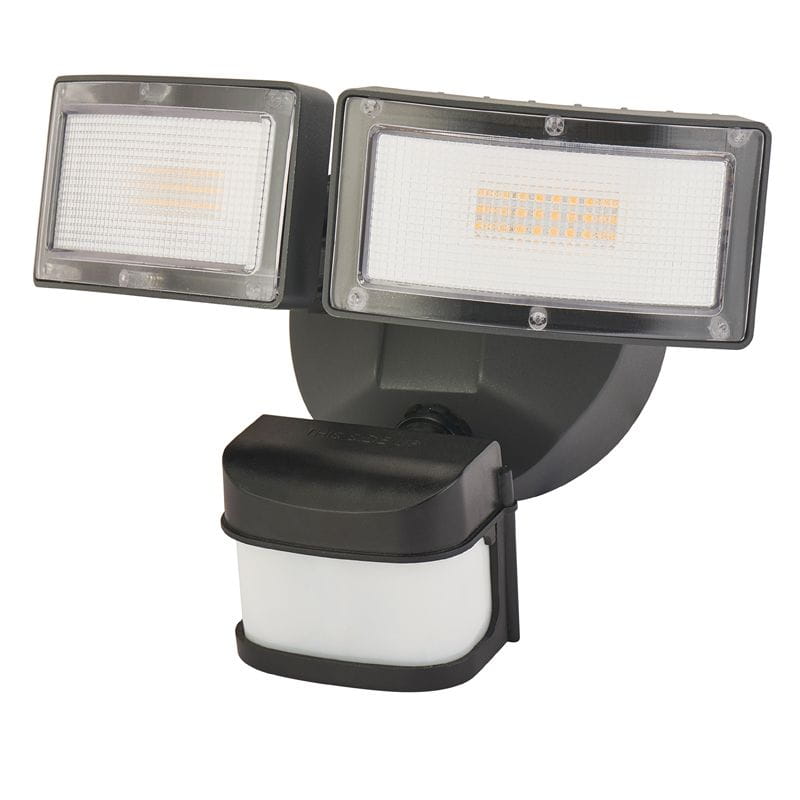 Duo LED kinkiet elewacyjny w kolorze czarnym z dwoma prostokątnymi lampami LED oraz czujnikiem ruchu. Ujęcie frontalne, produkt zamontowany na ścianie, widoczna matowa obudowa czujnika.
