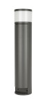Elborn lampa stojąca ogrodowa w kolorze szarym, cylindryczna, z białą, przezroczystą osłoną u góry. Posiada wbudowane gniazda elektryczne. Ujęcie frontalne, lampę ustawiono w pozycji stojącej. Tło proste, białe.