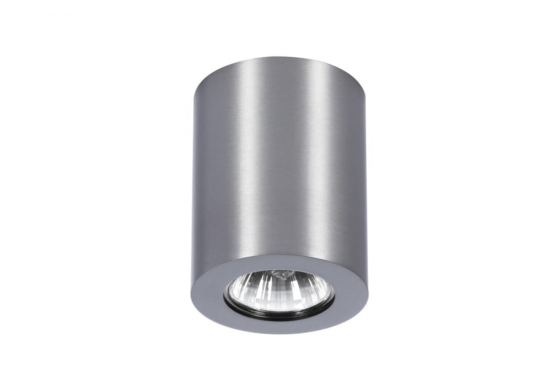 Lampa sufitowa Boris 1-punktowa z aluminium w odcieniu szczotkowanego metalu. Okrągła, zamontowana na suficie, z widoczną żarówką w środku. Prosty design bez dodatkowych zdobień, idealna do nowoczesnych wnętrz.
