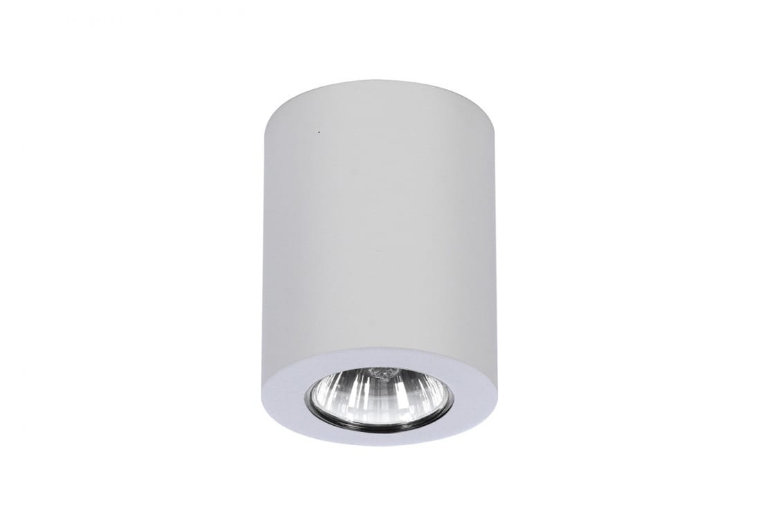 Biała lampa sufitowa Boris 1-punktowa, w kształcie cylindrycznym, z widoczną żarówką w środku. Ujęcie frontalne, montowana na suficie, z matowym wykończeniem. Prosty design, idealna do nowoczesnych wnętrz.