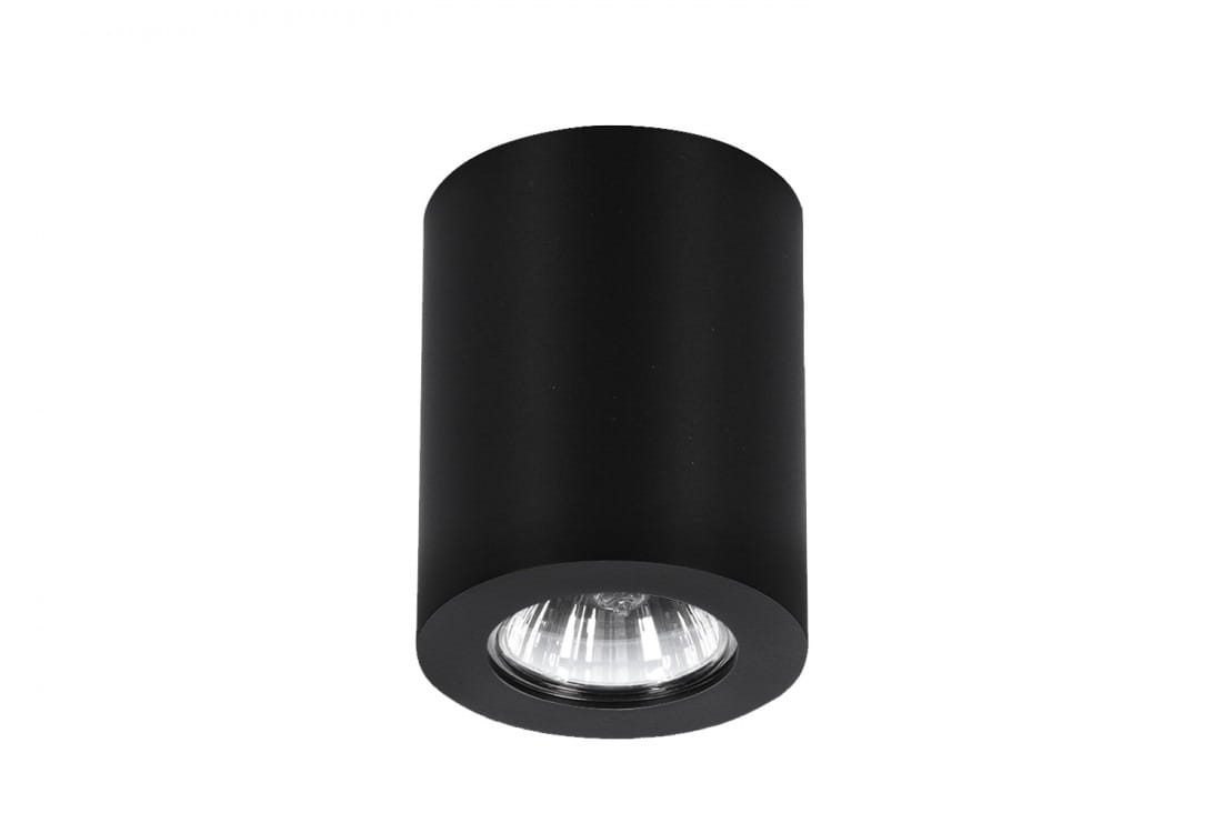 Czarna lampa sufitowa Boris 1-punktowa w formie cylindrycznej, z matowego metalu, z widocznym szklanym kloszem na dole. Ujęcie frontalne, produkt zamontowany na suficie, podkreślający nowoczesny styl.