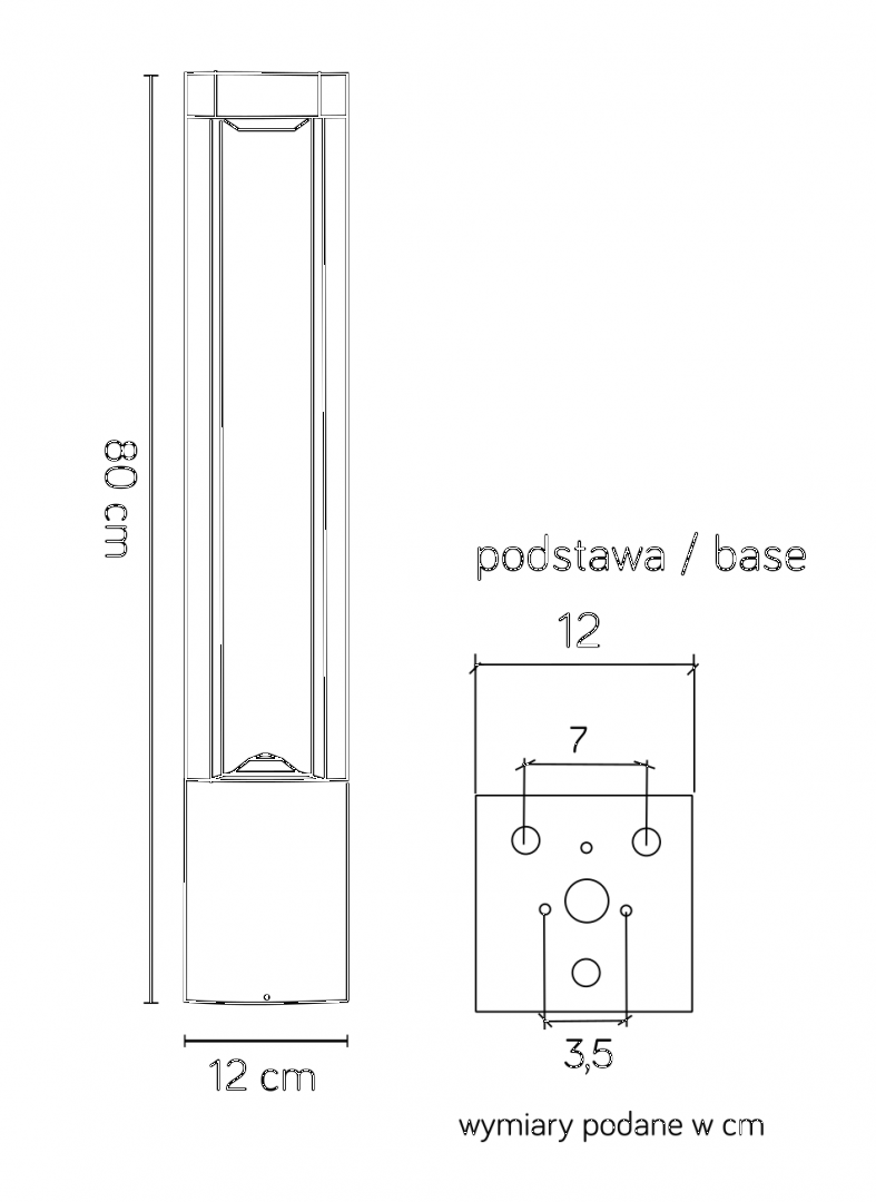 Lampa stojąca ogrodowa Fan Kwadrat H80, wysokość 80 cm, szerokość 12 cm, z prostokątną podstawą. Szklana obudowa z metalowym wykończeniem. Ujęcie frontalne, wyraźne wymiary oraz otwory mocujące widoczne na podstawie.