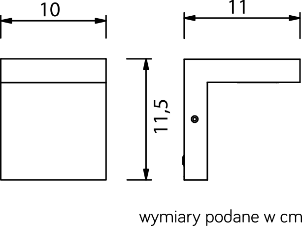 Kinkiet elewacyjny Karo LED 1-punktowy w kształcie litery L, wykonany z materiału w kolorze białym. Wymiary: 10 cm szerokości, 11 cm głębokości, 11,5 cm wysokości. Prosty design, przeznaczony do montażu na ścianie.