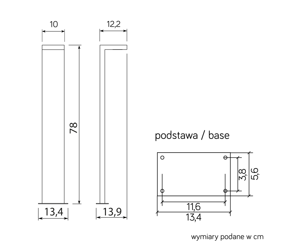 Lampa stojąca ogrodowa Karo LED H78, wysokość 78 cm, kwadratowa podstawa 13,4 x 11,6 cm. Prosty, nowoczesny design, wykonana z metalu. Wymiary: szerokość 10 cm, głębokość 12,2 cm, elegancka w minimalistycznym stylu.