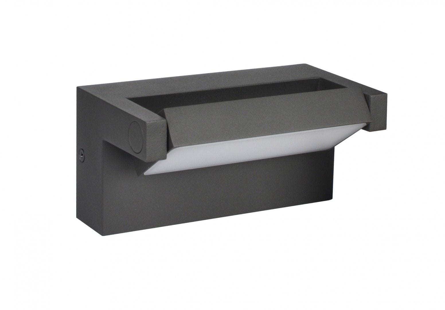 Kinkiet elewacyjny Rota LED RT-K100 w kolorze antracytowym, o prostokątnym, minimalistycznym kształcie. Zamontowany na ścianie, z białym kloszem, który kierunkowo rozprasza światło. Widoczny przycisk włącznika na boku.