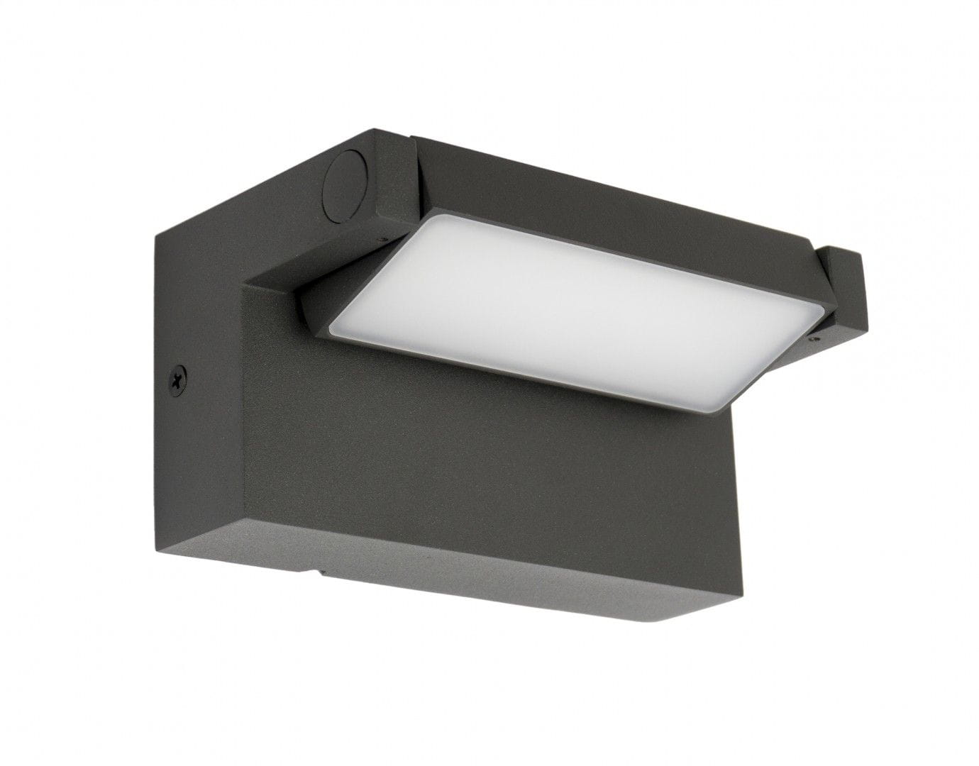 Kinkiet elewacyjny Rota LED RT-K100 w kolorze czarnym, prostokątny z matowym kloszem. Ujęcie z boku, zamontowany na ścianie, z widocznym przyciskiem. Idealny do oświetlenia zewnętrznego, skierowany w dół.