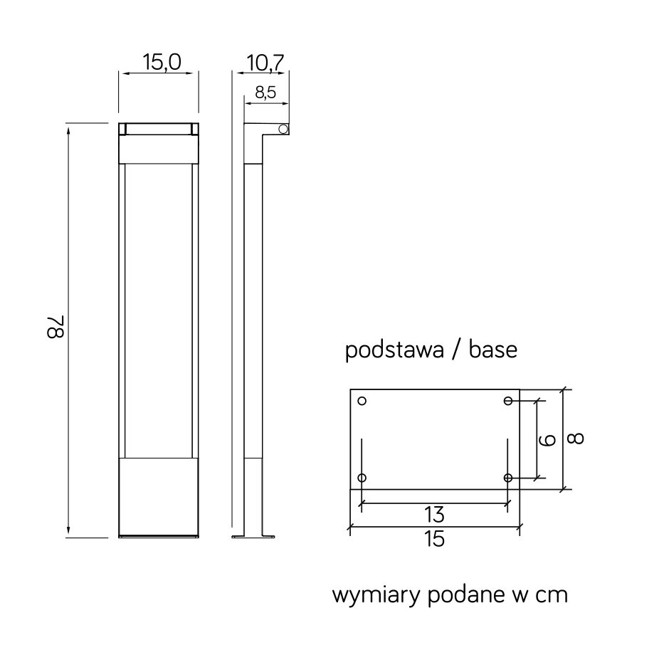 Lampa stojąca ogrodowa Rota LED H78, wymiar 78 cm wysokości, prostokątny korpus o szerokości 15 cm i głębokości 10,7 cm. Stalowa podstawa z wymiarami 15x8 cm, z otworami mocującymi.