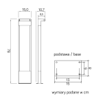 Lampa stojąca ogrodowa Rota LED H78, wymiar 78 cm wysokości, prostokątny korpus o szerokości 15 cm i głębokości 10,7 cm. Stalowa podstawa z wymiarami 15x8 cm, z otworami mocującymi.