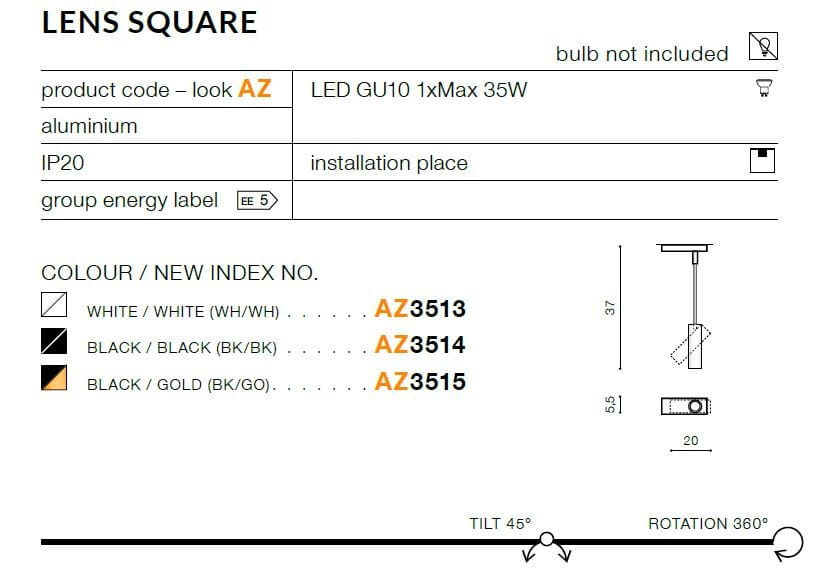 Lampa sufitowa Lens Square w kolorze czarnym i złotym, wykonana z aluminium. Zawiera miejsce na żarówkę GU10, z możliwością obrotu 360° i kątem nachylenia 45°. Prosta forma, zamontowana na suficie. Wymiary: 55 mm x 20 mm.