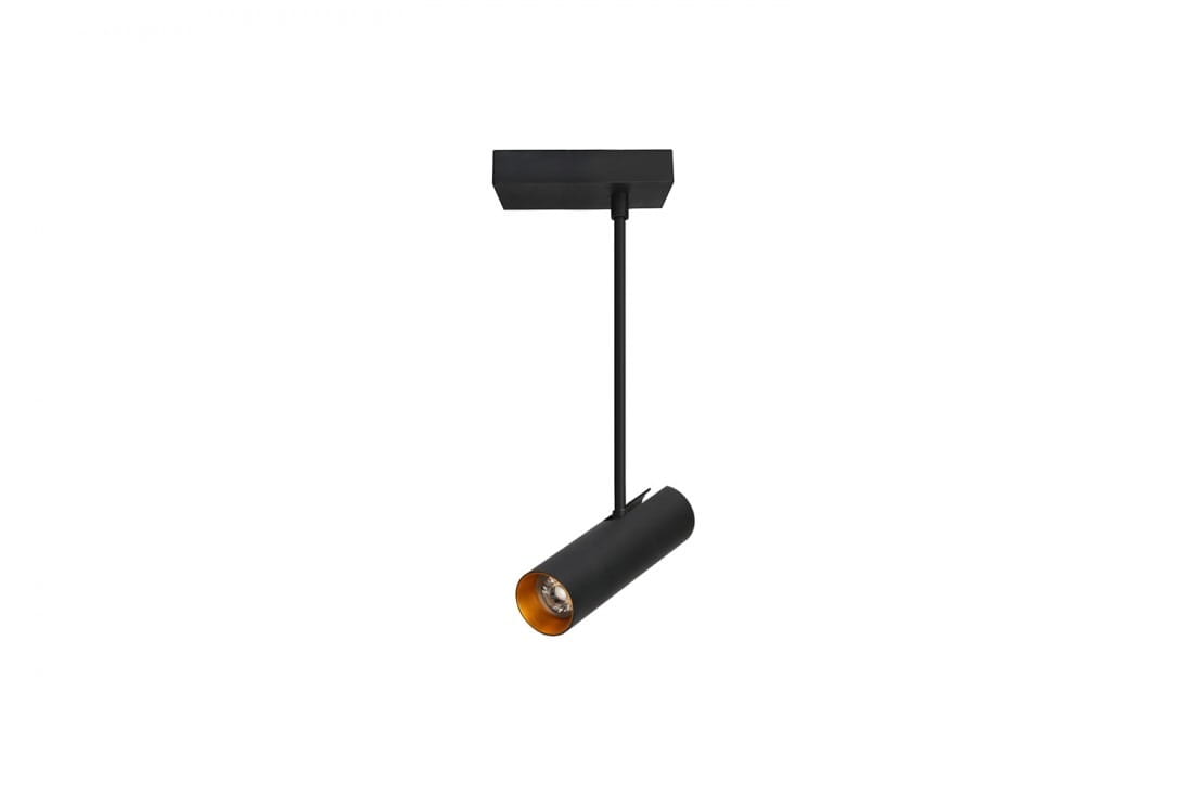 Czarna lampa sufitowa (spot) Lens Square 1-punktowa z metalowym kloszem o cylindrycznym kształcie, z wewnętrzną złotą powłoką. Montowana na suficie, z widocznym źródłem światła, w minimalistycznym stylu.