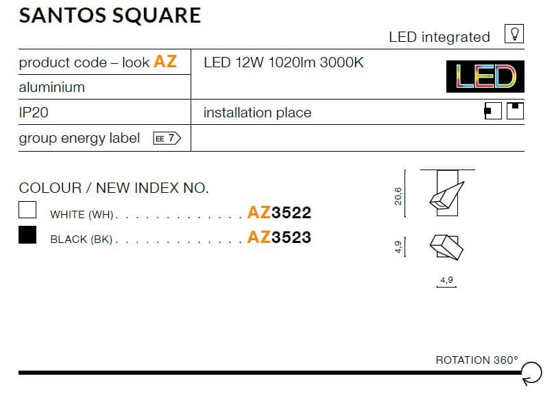 Czarna lampa sufitowa LED Santos Square, 1-punktowa, wykonana z aluminium. Wymiary: 20,6 cm x 4,9 cm. Zintegrowane źródło światła 12W, 1020 lm, 3000K. Montaż sufitowy, klasa ochrony IP20. Minimalistyczny design z kątem ujęcia z góry.