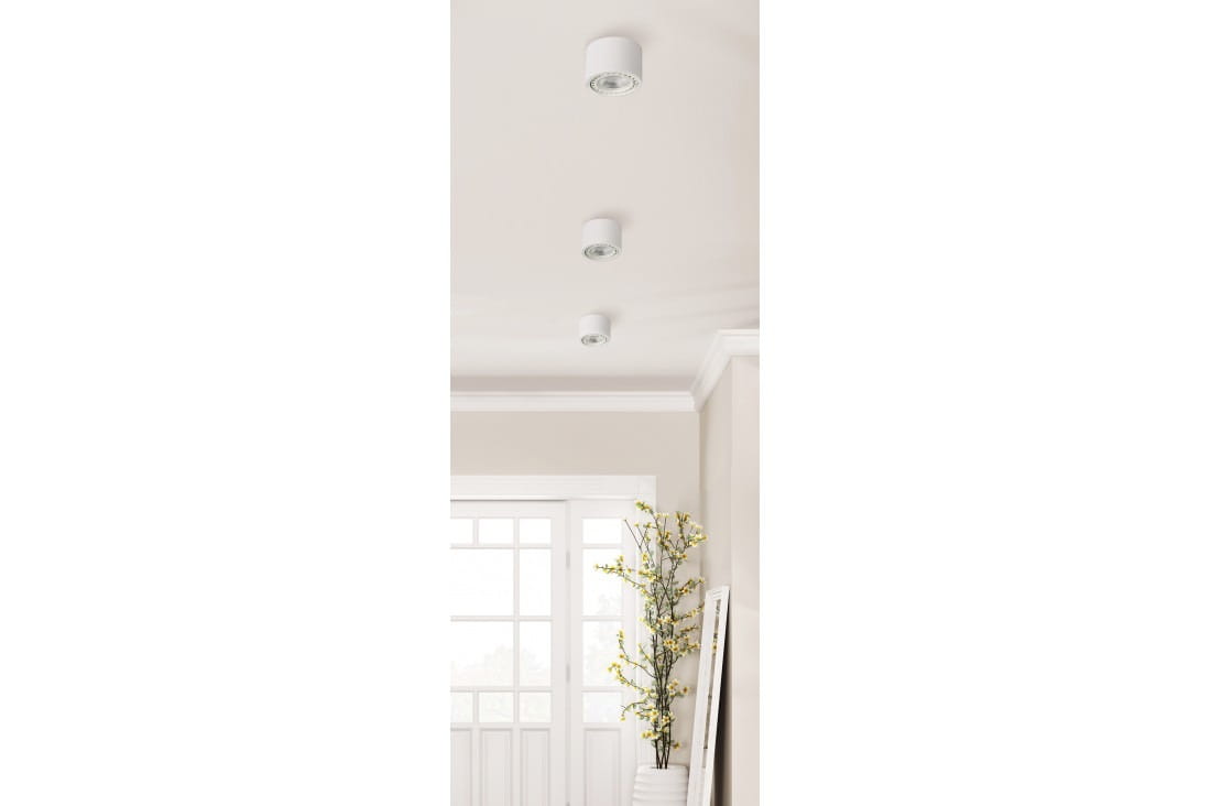 Biała lampa sufitowa Eco Alix New 230V w formie jednego punktu, montowana na suficie. Okrągła obudowa z przezroczystym kloszem, umieszczona w nowoczesnym wnętrzu z jasnymi ścianami i rośliną w doniczce.