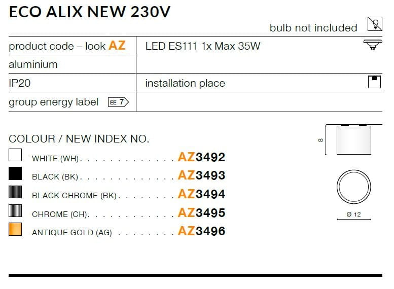 Lampa sufitowa Eco Alix New 230V w białym kolorze, wykonana z aluminium. Posiada miejsce na żarówkę LED ES111 do 35W. Okrągły kształt, średnica 12 cm, montowana na suficie, klasa energetyczna EE7, IP20. Bulb not included.