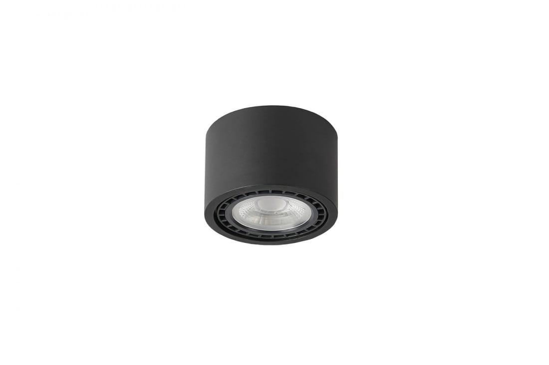 Czarna lampa sufitowa Eco Alix New 230V, 1-punktowa, o cylindrycznym kształcie. Ujęcie z boku ukazuje źródło światła w centralnej części. Materiał matowy, minimalistyczny design, idealna do nowoczesnych wnętrz.