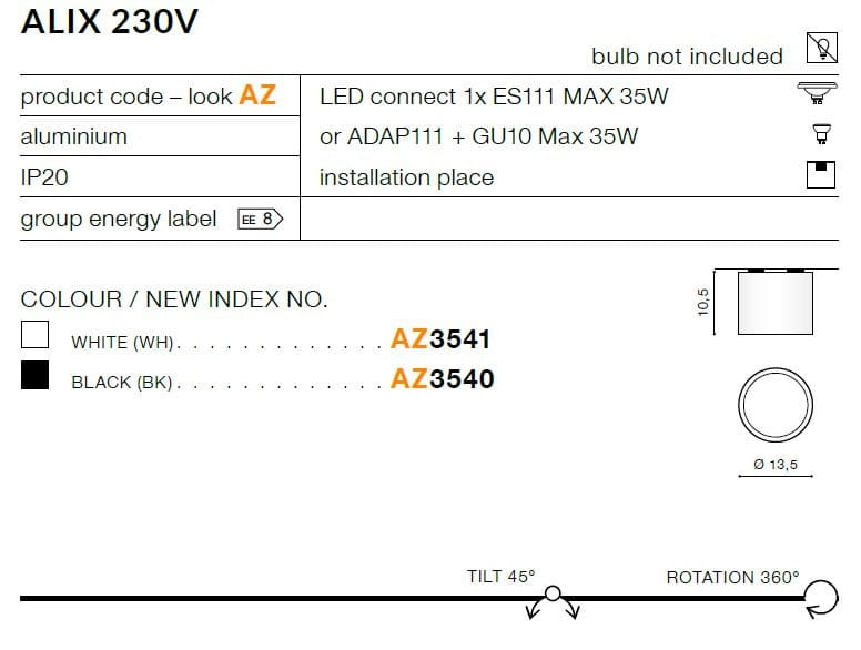 Lampa sufitowa Alix 230V w kolorze białym, wykonana z aluminium. Posiada okrągły klosz o średnicy 13,5 cm i wysokości 10,5 cm. Możliwość regulacji kąta nachylenia do 45° oraz obrotu o 360°. Żarówka nie jest dołączona.
