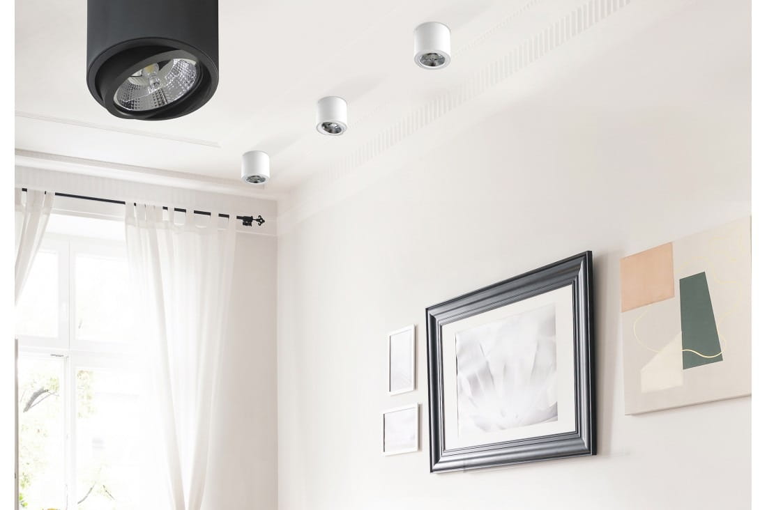Lampa sufitowa Alix 230V w kolorze białym, jednopunktowa, z metalowym kloszem, zamontowana na suficie. W tle widoczne obrazy w ramach oraz zasłony. Ujęcie frontalne, z góry, pokazujące także inne lampy sufitowe.