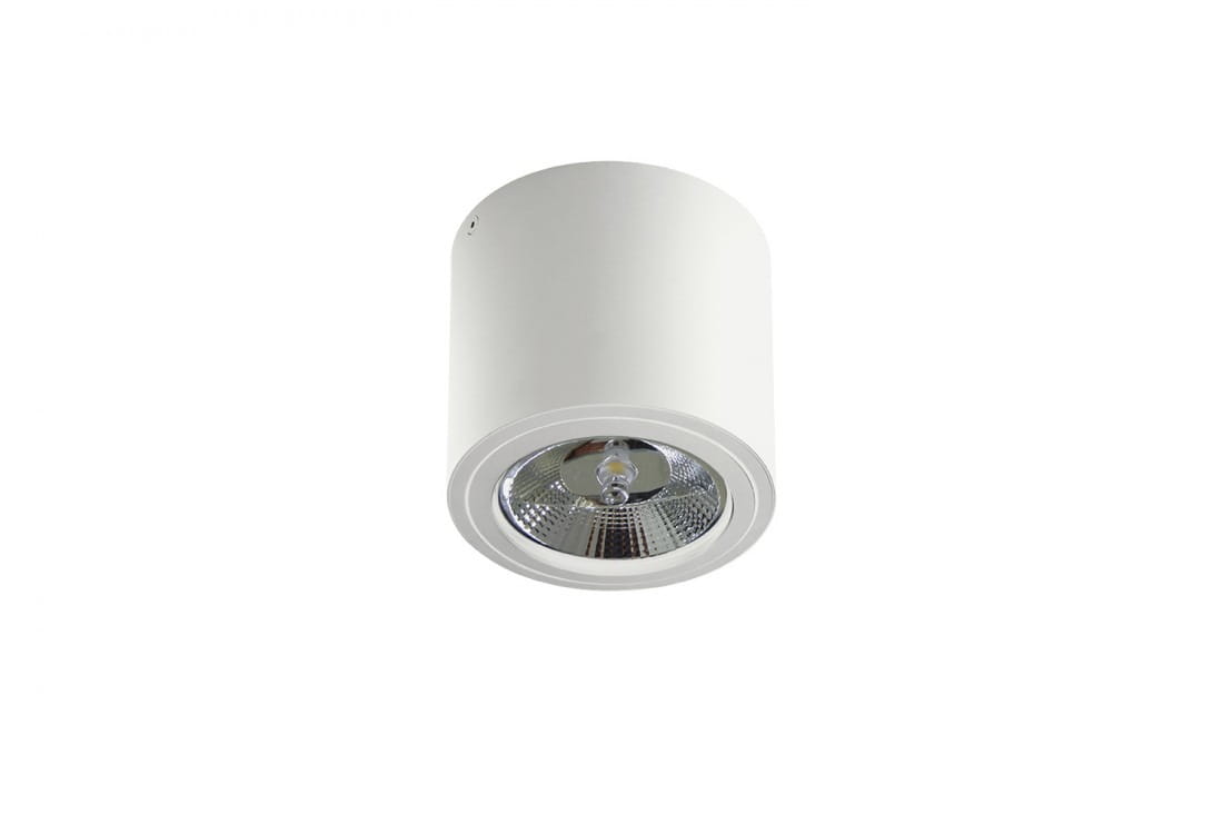 Biała lampa sufitowa 1-punktowa Alix AZ3541 o cylindrycznym kształcie, zamontowana na suficie. Wewnątrz znajduje się metalowy reflektor z detalami, zapewniającym punktowe oświetlenie. Tło białe, co podkreśla prostotę designu.