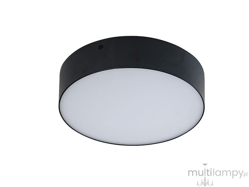 Czarny plafon LED Monza R 22 o średnicy 22 cm, z mlecznym kloszem, emitującym światło o temperaturze barwowej 4000K. Zamontowany na suficie, z okrągłym kształtem i prostym, nowoczesnym designem.