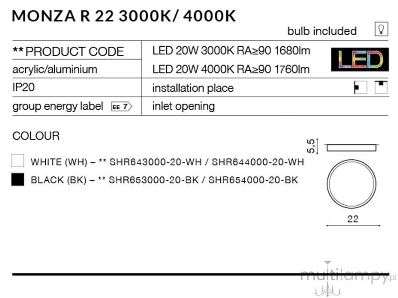 Czarny plafon LED Monza R 22 o średnicy 22 cm i wysokości 5,5 cm, wykonany z akrylu i aluminium. Oświetlenie o barwie 4000K, z mocą 20W i strumieniu świetlnym 1760 lumenów. Przeznaczony do montażu sufitowego.