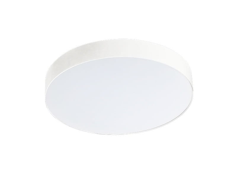 Biały plafon LED Monza R 40 z jednopunktowym mocowaniem, okrągły kształt z matową, gładką powierzchnią. Produkt zawiera źródło światła o temperaturze barwowej 3000K, montowany na suficie.