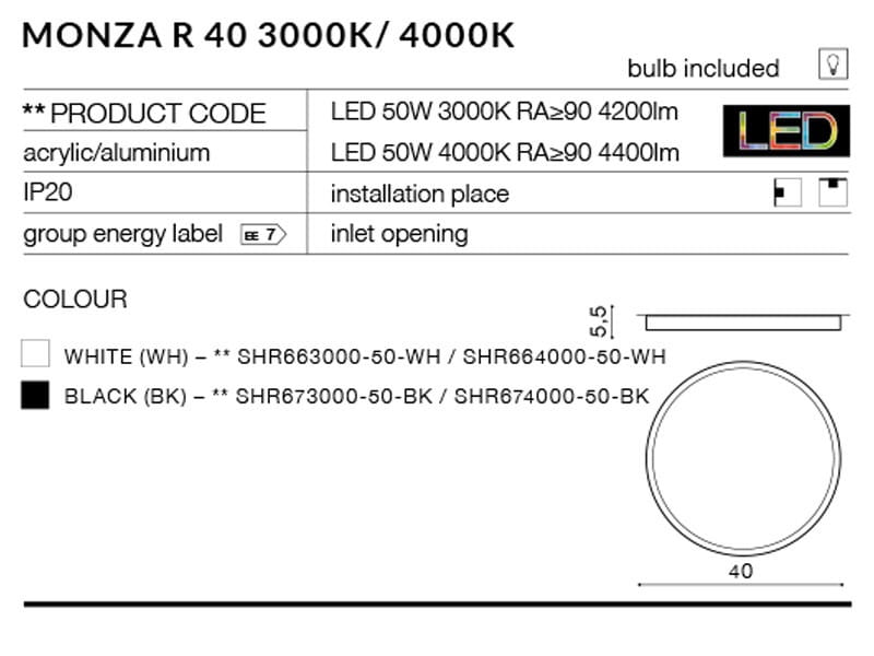 Czarny plafon LED Monza R 40 o średnicy 40 cm, wykonany z akrylu i aluminium, z otworem wlotowym. Posiada żarówkę LED 50W, 3000K, 4200lm, do montażu sufitowego. Prosty, okrągły kształt, idealny do nowoczesnych wnętrz.