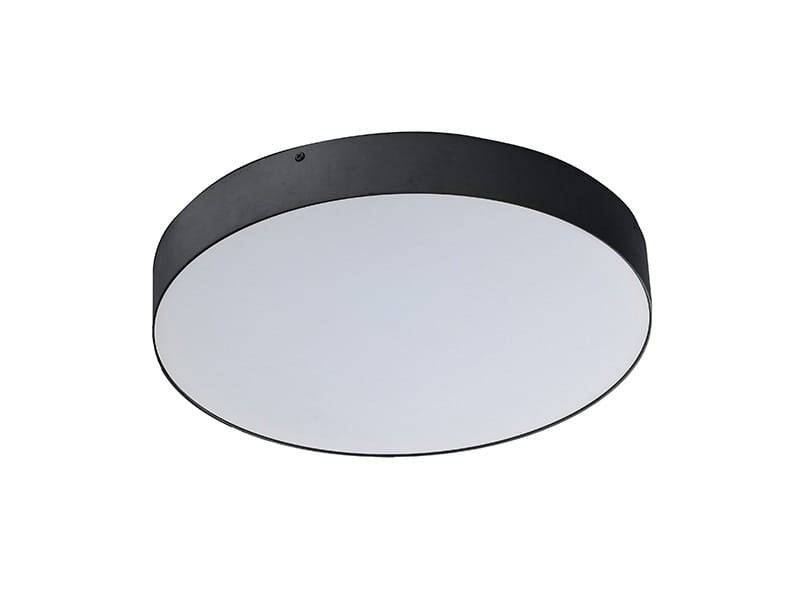 Czarny plafon LED Monza R 40, o okrągłym kształcie, z białą, matową osłoną. Zamontowany na suficie, jednopunktowy, z temperaturą barwową 3000K, idealny do nowoczesnych wnętrz.