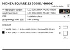 Czarny plafon LED Monza S 22, 3000K, wykonany z akrylu i aluminium. Kwadratowy kształt, wymiary 22x22 cm, przeznaczony do montażu sufitowego, z klasą ochrony IP20. Zawiera żarówkę LED o mocy 20W.