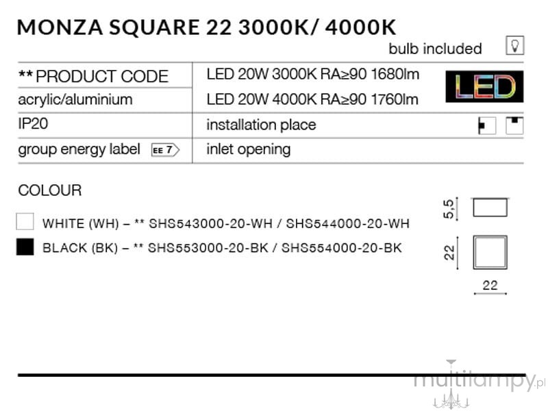 Plafon LED Monza S 22 w kolorze białym, z akrylu i aluminium, o wymiarach 22x22 cm. Źródło światła 4000K, moc 20W, strumień świetlny 1760 lm. Montaż na suficie, z otworem wlotowym, stylowy i nowoczesny design.