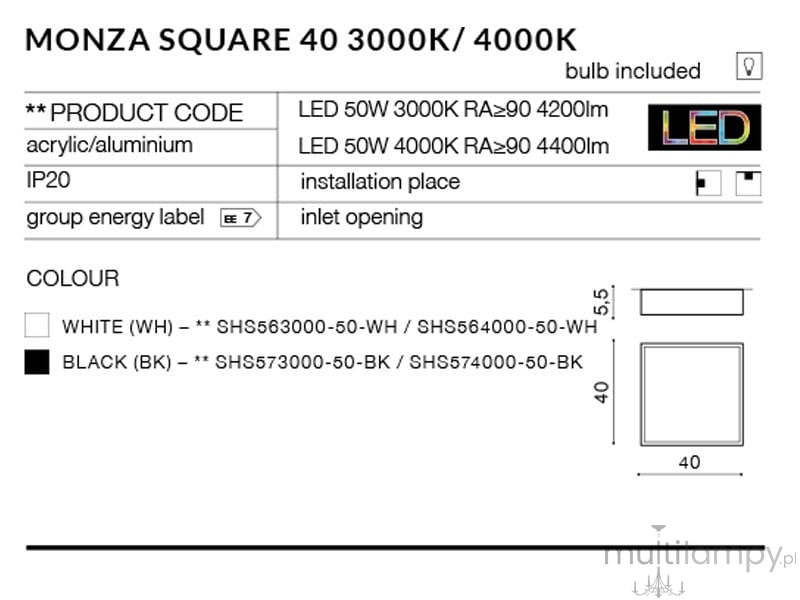 Plafon LED Monza S 40, kolor biały, o wymiarach 40x40 cm, wykonany z akrylu i aluminium. Produkt o mocy 50W, temperaturze barwowej 3000K, z otworem montażowym, przeznaczony do wnętrz (IP20).