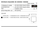 Czarny plafon LED Monza S 40, 1-punktowy, wykonany z akrylu i aluminium, o wymiarach 40x40 mm. Wbudowana żarówka 3000K, z klasą energetyczną E. Ujęcie frontalne, produkt leżący na jasnym tle.