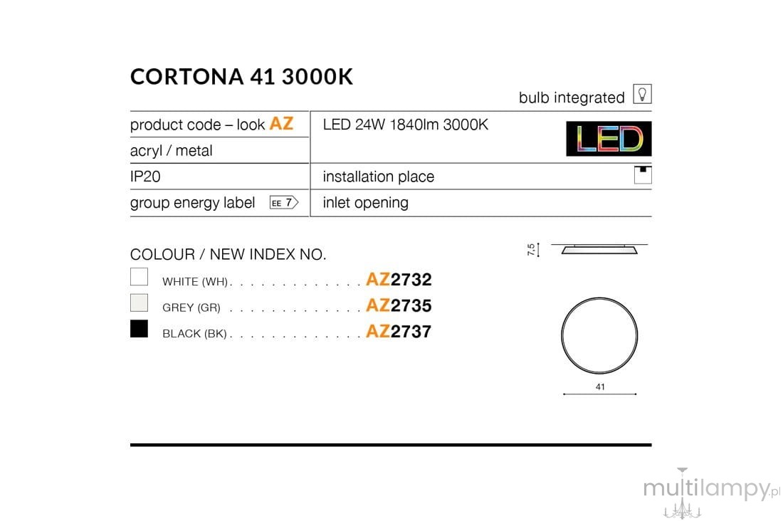Biały plafon LED Cortona D41 o mocy 24W i jasności 1840 lm, z temperaturą barwową 3000K. Okrągły kształt, wykonany z akrylu i metalu, z wbudowanym źródłem światła. Wymiary: średnica 41 cm, wysokość 7,5 cm, przeznaczony do montażu sufitowego.