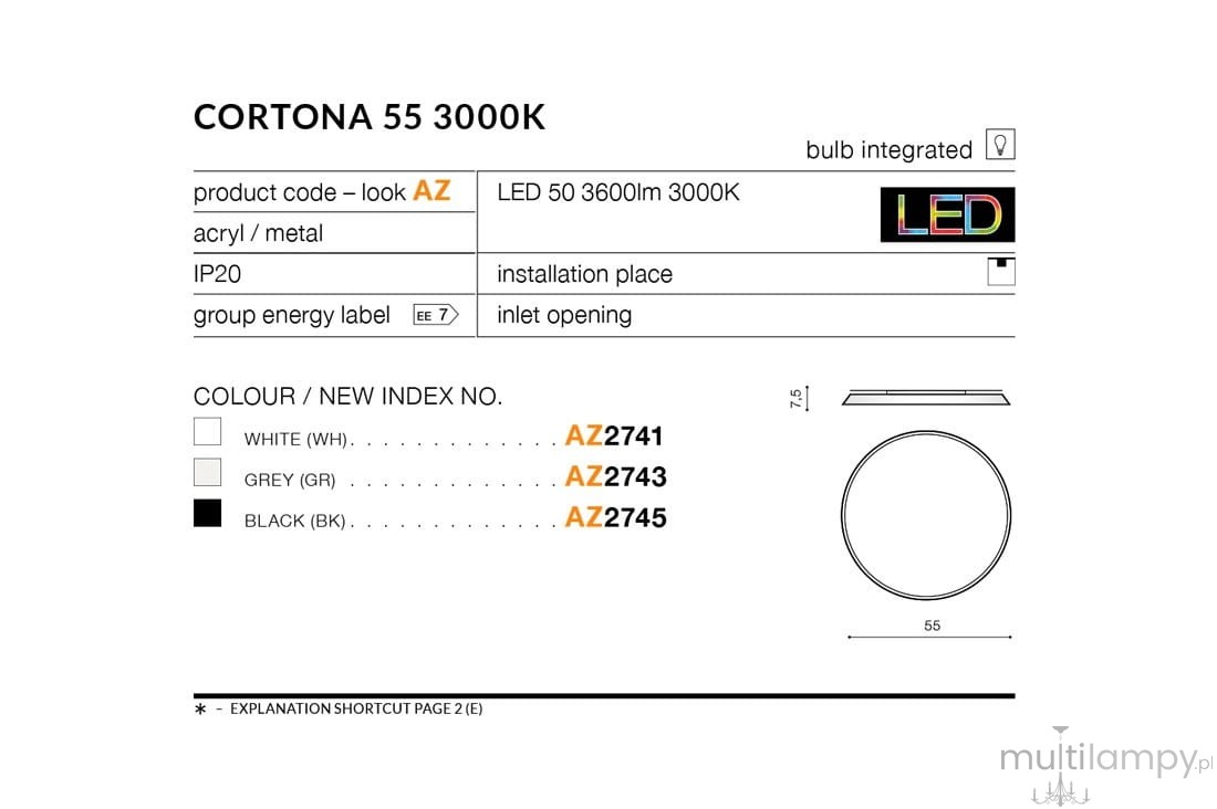 Biały plafon LED Cortona D55 o średnicy 55 mm i wysokości 7,5 mm, wykonany z akrylu i metalu. Zintegrowane źródło światła 3000K, przeznaczone do montażu w pomieszczeniach, z oznaczeniem IP20.
