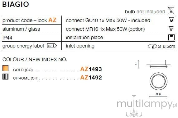 Oprawa do zabudowy Biagio IP44 w kolorze złotym, wykonana z aluminium i szkła. Posiada okrągły kształt z otworem montażowym o średnicy 6,5 cm. Przeznaczona do zastosowań wewnętrznych i zewnętrznych. Żarówka nie jest dołączona.