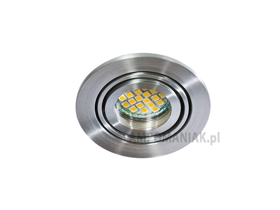 Oprawa sufitowa do zabudowy Carlo w kolorze aluminium, 1-punktowa, okrągła, z wbudowanym źródłem światła LED. Widoczne żółte diody w centralnej części, otoczona metalowym obręczem. Ujęcie z góry, na jednolitym tle.