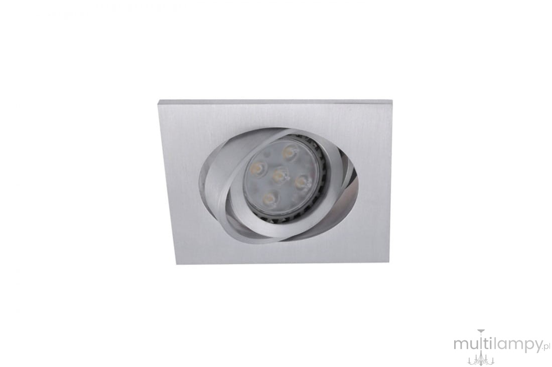 Oprawa sufitowa Editta 1-punktowa w kolorze aluminium, w kształcie kwadratu z okrągłym wnętrzem. Widoczne źródło światła LED z kilkoma diodami, zamontowane w lekko wypukłej ramie. Ujęcie frontalne, na białym tle.