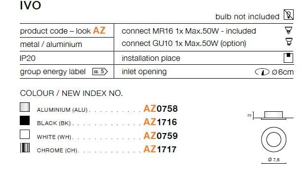 Biała oprawa sufitowa Ivo do zabudowy, 1-punktowa, wykonana z aluminium. Okrągły kształt z otworem o średnicy 6 cm, do montażu z żarówkami MR16 lub GU10. Wysoka klasa IP20, przeznaczona do wnętrz.