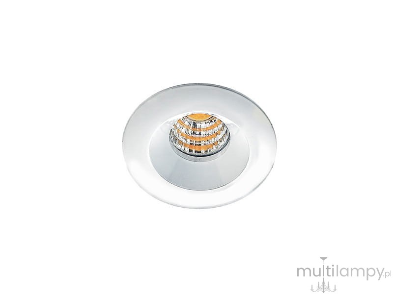 Oprawa sufitowa Oka AL LED 3000K w kolorze białym, okrągła, z wbudowanym źródłem światła. Zbliżenie na detal z reflektorem wewnętrznym oraz gładką, matową powierzchnią zewnętrzną, zamontowana w stropie.