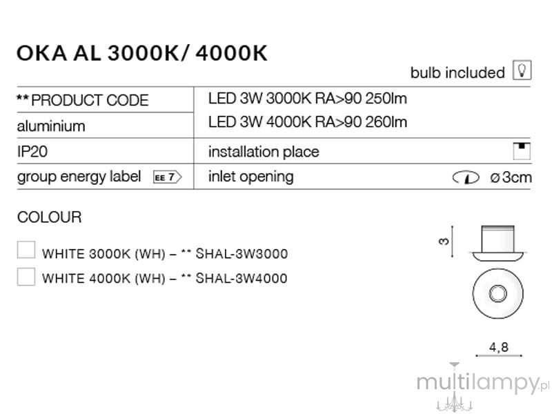Biała oprawa sufitowa Oka AL LED 3000K, 1-punktowa, wykonana z aluminium. Zainstalowana w sufit, z otworem o średnicy 3 cm. Wysokość 3 cm, średnica 4,8 cm. Oferuje ciepłe światło LED o mocy 3W.
