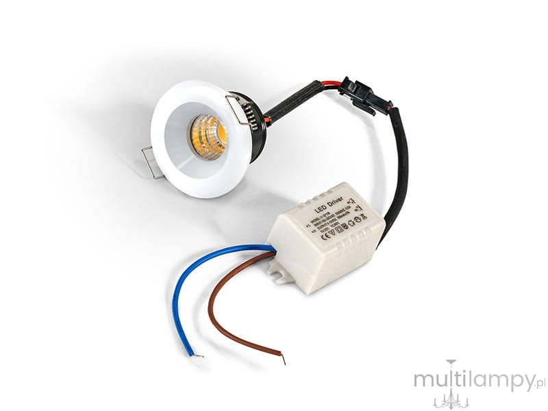 Oprawa sufitowa Oka AL LED 3000K w kolorze białym, jednopunktowa, z okrągłym kloszem. Widoczne przewody oraz zasilacz LED. Ujęcie z boku, pokazujące detal oprawy i elementy podłączeniowe.