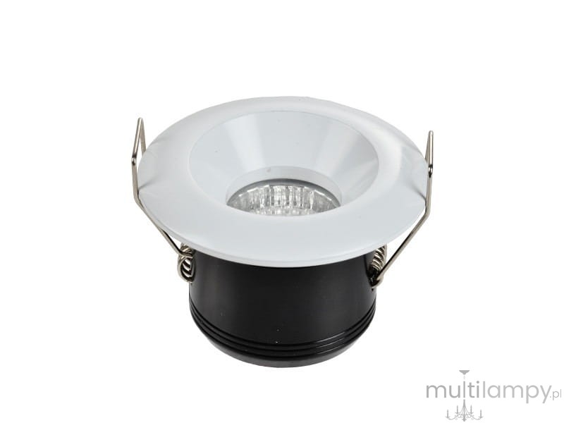 Oprawa sufitowa Oka AL LED 3000K w kolorze białym, z okrągłą, gładką obudową i metalowymi sprężynkami do montażu. Widok z góry, ukazujący wnętrze z diodami LED. Przeznaczona do zabudowy, jednoźródłowa, idealna do oświetlenia wnętrz.