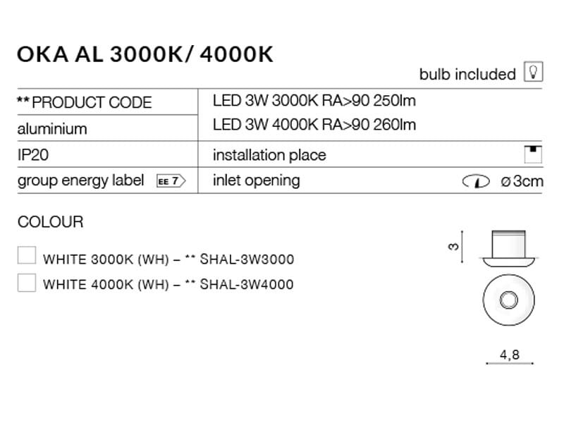 Oprawa sufitowa Oka AL LED 4000K w kolorze białym, wykonana z aluminium. Ujęcie z góry, pokazujące okrągły kształt i otwór montażowy o średnicy 3 cm. Wymiary: wysokość 3 cm, średnica 4,8 cm. Zawiera żarówkę LED.