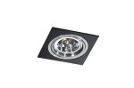 Siro oprawa sufitowa do zabudowy 1-punktowa w kolorze czarnym z aluminiowym wykończeniem, kwadratowa, z wbudowanym reflektorem w okrągłej ramce, zamontowana w pozycji poziomej, na prostym tle.
