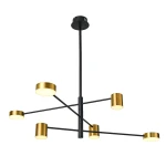 Czarna lampa wisząca Remdal LED z sześcioma punktami świetlnymi. Metalowa konstrukcja z geometrycznym układem ramion i złotymi kloszami. Ujęcie z dołu, ukazujące detale kloszy oraz mocowanie. Idealna do nowoczesnych wnętrz.