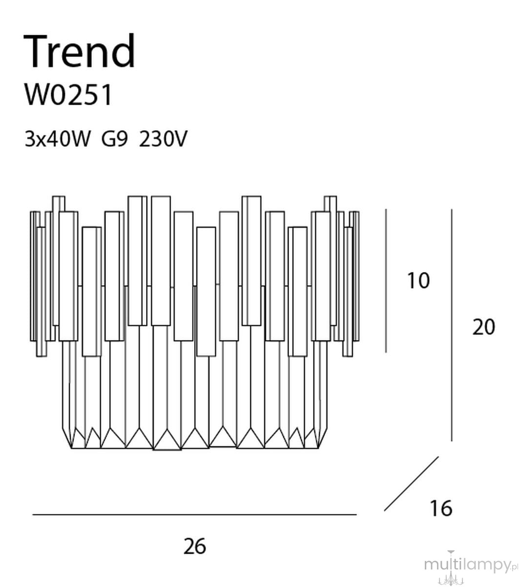 Kinkiet Trend W0251 w kolorze złotym, z trójpunktowym źródłem światła G9. Oryginalny design z prostokątnymi elementami i falistą podstawą. Wymiary: wysokość 20 cm, szerokość 26 cm, głębokość 16 cm, idealny do nowoczesnych wnętrz.