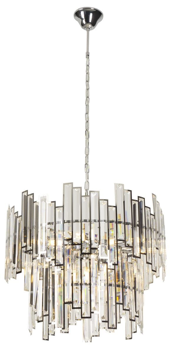 Lampa wisząca Nemo z 9 punktami świetlnymi, wykonana z przezroczystych elementów akrylowych, osadzona na metalowej podstawie w kolorze chromu. Zawieszona na długim łańcuchu, prezentuje nowoczesny design i elegancki wygląd.